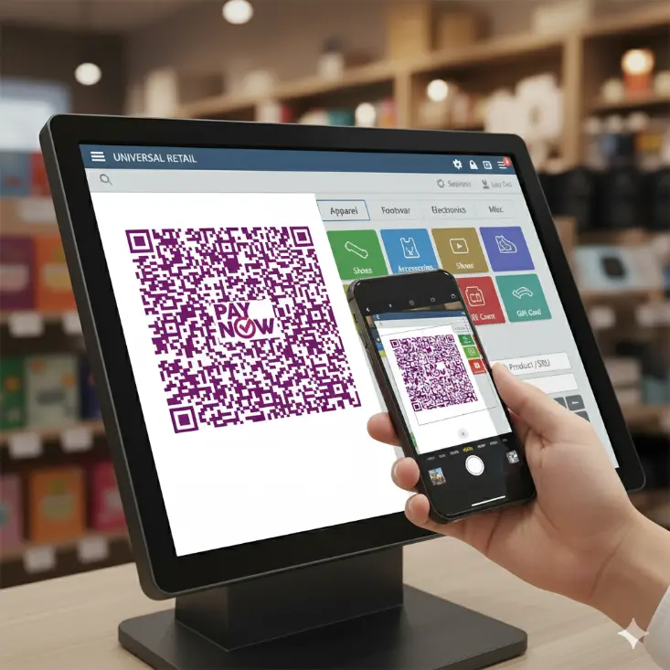 A modern illustration of a retail POS (Point of Sale) system showing a touchscreen checkout interface with multiple Singapore payment options. The screen displays icons for PayNow, PayLah!, and Atome, highlighting seamless digital payments. The POS setup includes a barcode scanner, receipt printer, and product list, representing fast checkout and smooth in-store transactions. The layout emphasizes cashless payment support, QR code scanning, installment payment options, and real-time transaction confirmation. This image is ideal for pages about POS solutions, retail checkout systems, Singapore payment integrations, and modern in-store payment technology.