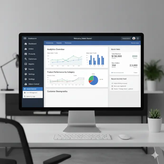 A clean and modern illustration representing a complete e-commerce shopping experience. The image shows an online store interface with product cards, pricing, add-to-cart buttons, and customer ratings. A digital shopping cart icon and secure checkout elements highlight the online buying journey. The layout showcases key e-commerce features such as product browsing, order management, secure payments, and fast delivery options. This visual is ideal for pages related to online stores, digital shopping platforms, retail websites, product management systems, and e-commerce solutions for businesses.
