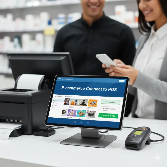 A modern illustration of an e-commerce dashboard seamlessly synchronized with an in-store retail system. The image shows a unified inventory screen where online products and physical shop stock update in real time. Icons representing a shopping cart, barcode scanner, POS machine, and store shelves highlight the connection between online orders and in-store sales. The layout emphasizes features such as live stock updates, unified product management, synced pricing, and automatic order tracking. This image is ideal for pages related to omnichannel retail, e-commerce integration, online-to-offline (O2O) systems, synced inventory, and business tools that connect online stores with physical shops.